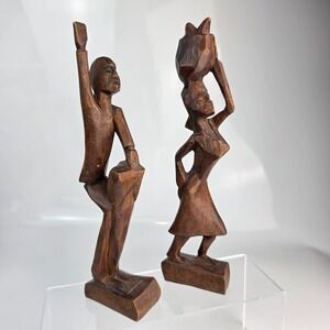 Vintage African Hand Carved Wood Man Woman Pair Standing Folk Art Figurines